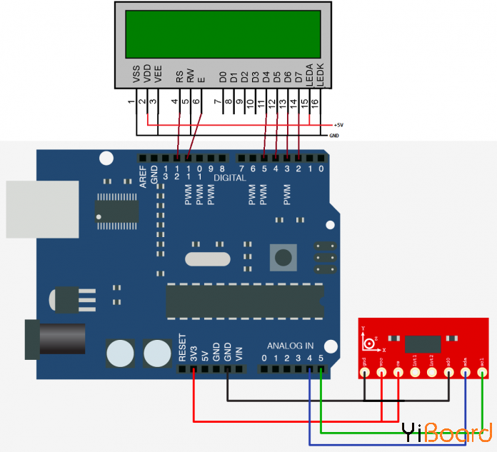 ADXL345加速度计与Arduino的连接图